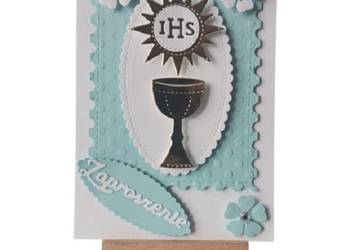 Zaproszenia Komunia Chłopiec IHS Słoneczko Kielich C6 Błękit – Biel