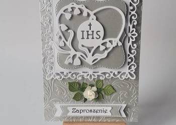 ZAPROSZENIA KOMUNIA UNIWERSALNE IHS W SERCU B6 SREBRO-BIEL