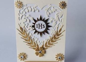 ZAWIADOMIENIA KOMUNIA IHS W SŁONECZKU SERCE KORONKOWE C6 ZŁOTO – ECRI