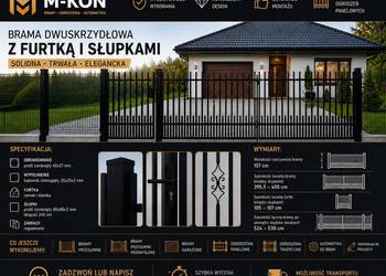 Brama dwuskrzydłowa z furtką oraz słupkami