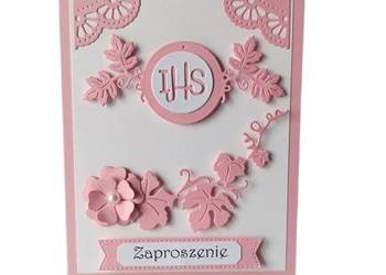 ZAPROSZENIA KOMUNIA DZIEWCZYNKA HOSTIA W LIŚCIACH C6 RÓŻ - BIEL