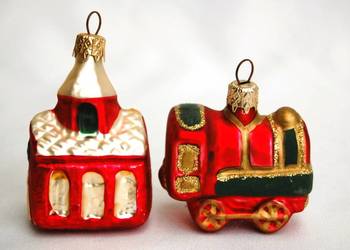 Kościół i lokomotywa bombka szklana ręcznie malowana 2 bombki vintage