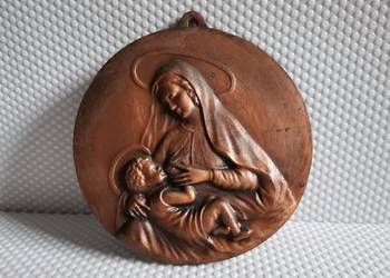 Stary metalowy medal, klipa, zawieszka Matka Boska Karmiąca