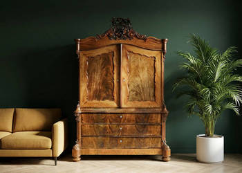 Orzechowy KREDENS do SALONU Wysoki KREDENS neobarok 3 szuflady SZAFKA ANTYK