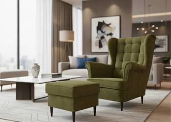 Fotel Uszak Skandynawski Z Podnóżkiem Sztruksowy Oliwkowy, Dostawa 0zł!