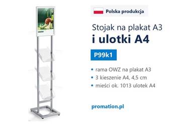 Stojak reklamowy na plakat z kieszeniami na katalogi A4