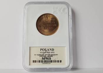 10 złotych 1972 rok, 50 lat portu w Gdyni MS68 holder GCN ECC, PRL