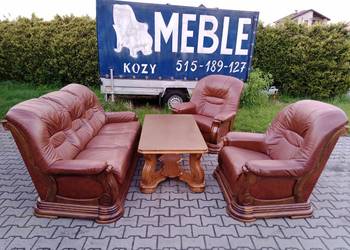 Komplet LUXOR 3+1+1 i Ława , Dąb - skóra Brąz