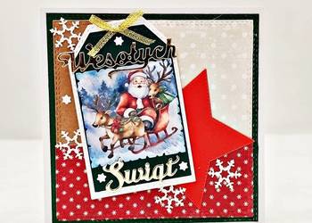 Ręcznie robiona kartka świąteczna z Mikołajem i reniferami