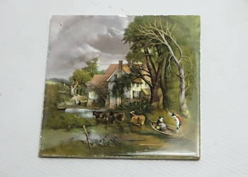 Stara Kafelka Ceramiczna Gien France Obrazek Pejzaż Wiejski Rzeka 15x15