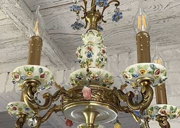 Francuski porcelanowy Żyrandol nr. 24 Francja, mosiądz Antyk