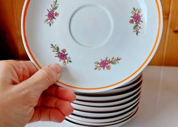 porcelana Chodzież, 10 sztuk, kawa, talerzyki białe z kwiatkami
