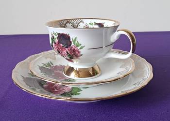Filiżanka Chodzież PRL Trio Róże Złocenia Jubileusz 70 Porcelana