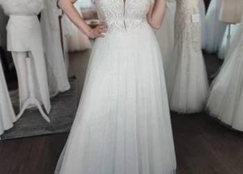 Piękna długa brokatowa błyszcząca suknia ślubna szampan plus size