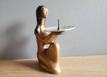 Stary metalowy świecznik, figurka Egipcjaka design PRL 1960