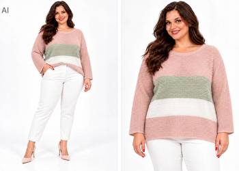 Sweter damski oversize w paski uni złota nitka biust 130 cm