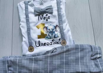 Komplet szara kratka moje 1 urodzinki safari