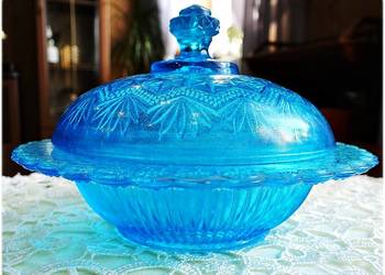 Cukiernica Niebieskie Turkusowe Szkło Ząbkowice lat 60-70' PRL