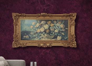 Duży obraz Kompozycja kwiatowa w ozdobnej zlotej ramie barokowej 98 z 57 cm