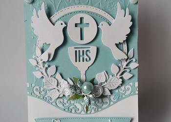 ZAPROSZENIA KOMUNIA CHŁOPIEC KIELICH Z HOSTIĄ GOŁĘBIE – B6 – BŁĘKIT – BIEL