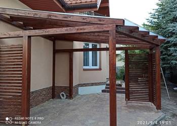 Zadaszenie tarasu. Drewno BSH krycie poliwęglan komorowy. Otwock