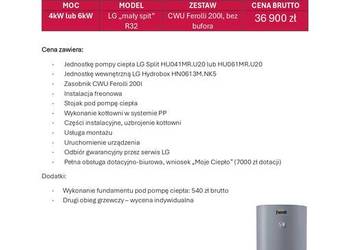 Pompa ciepła LG 4-6 kW split. Zbiornik CWU 200l Ferolli. Montaż