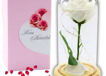 Wieczna 1 Róża W Szkle Kopuła Oświetlenie LED Biała prezent Dzień Kobiet