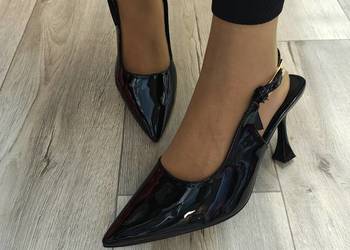 (42) Czarne czółenka Szpilki wieczorowe z odkrytą piętą, NOWE