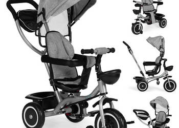 Trójkołowy rowerek spacerówka 2w1 obracane siedzisko składany daszek szary…