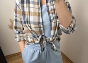 Koszula w kratę oversize beżowo-niebieska | styl casual