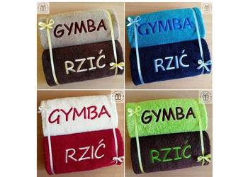 Śmieszny ręcznik na prezent z napisem haftem GYMBA RZIĆ
