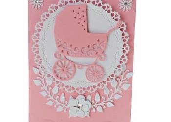 Zaproszenia Chrzest Święty  Dziewczynka Wózek B6 Róż - Biel