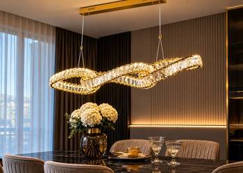 Żyrandol kryształowy nowoczesny, podłużna lampa wisząca złota glamour