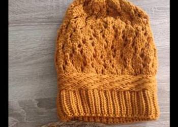 Czapka dziergana musztardowy zimowa