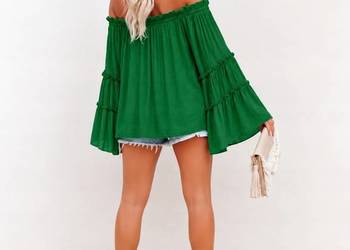 Zielona bluzka hiszpanka oversize falbaniaste rękawy PLUS SIZE biust 140cm