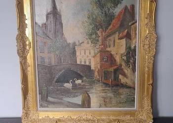 Stary obraz olej na płótnie w złotej ramie