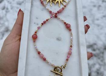 Naszyjnik kamienie naturalne + kolczyki kwarc różowy, arbuzi,truskawkowy