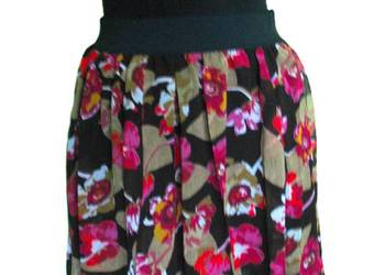 Spódnica - Mini - czarna w kwiaty - 38 / 42- pas 70 - 90 cm Asymetryczna