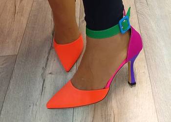 (40/41) Tęczowe czółenka szpilki wieczorowe z zapięciem, Nowe