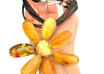 Kwiat bursztyn bałtycki plus naszyjnik srebro 925 unikat rękodzieło