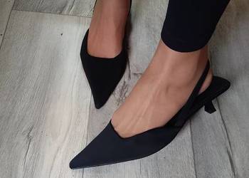 (42/43) Czarne, niskie czółenka wieczorowe z odkrytą piętą, NOWE