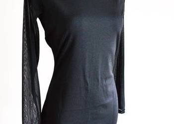 Elegancka czarna sukienka L XL prześwitujące rękawy golf