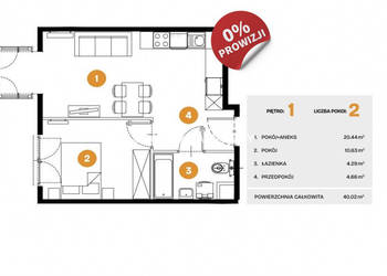 Mieszkanie Kraków Na Błonie 40.02m2 2-pokojowe