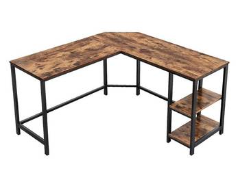 Biurko Komputerowe narożne brązowe stalowa konstrukcja dwie półki