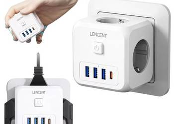 Wtyczka Ścienna LENCENT 7w1: 3 Gniazda AC, 3 USB + Typ C Adapter Ładowania