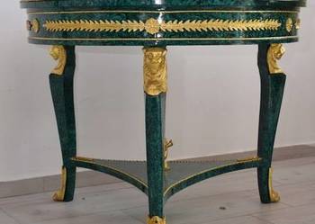 Królewski Drewniany Stół - Vintage Malachit Kolor Okuty Brązem Blat Marmur