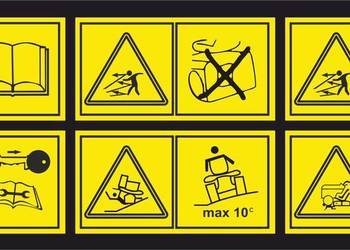 Naklejka BHP na traktorek zagrożenia podczas obsługi maszyn ogrodniczych