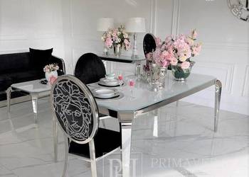 Stół ELITE Glamour Nowoczesny Srebrny – Designerski Szklany Blat do Jadalni