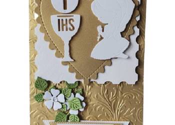 ZAPROSZENIA KOMUNIA DZIEWCZYNKA KLĘCZĄCA KIELICH SERCE B6 ZŁOTO – BIEL