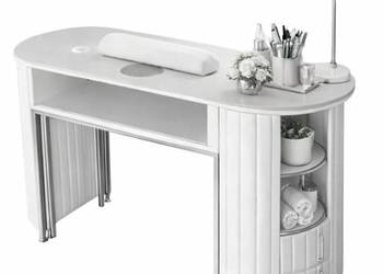 Biurko kosmetyczne z otworem na pochłaniacz biało-srebrne owalne 140 x 45…